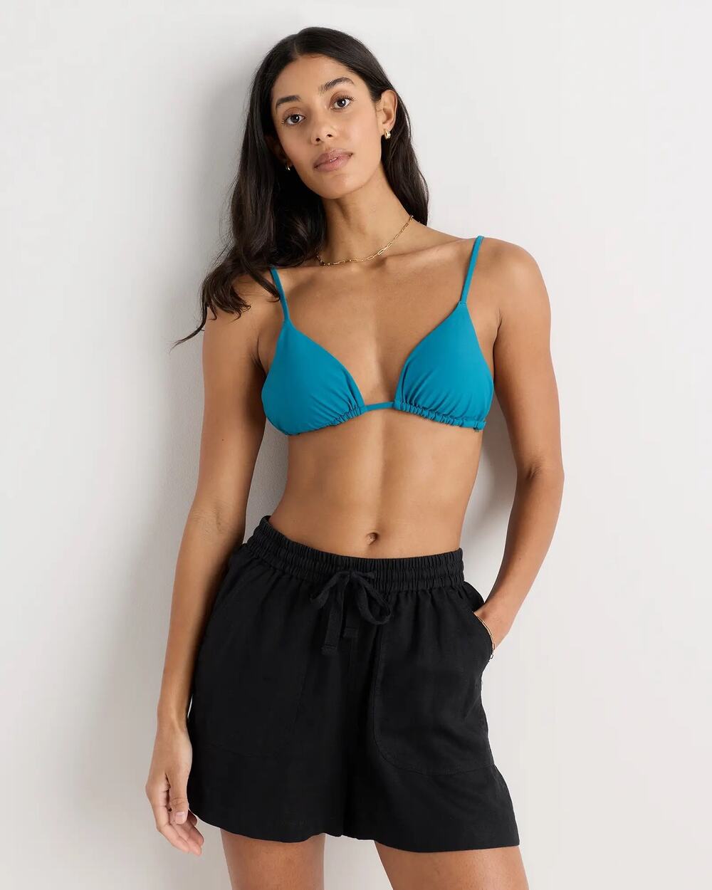 Quince Italian Triangle Bikini Top in Lagoon Teal Blue Size Medium